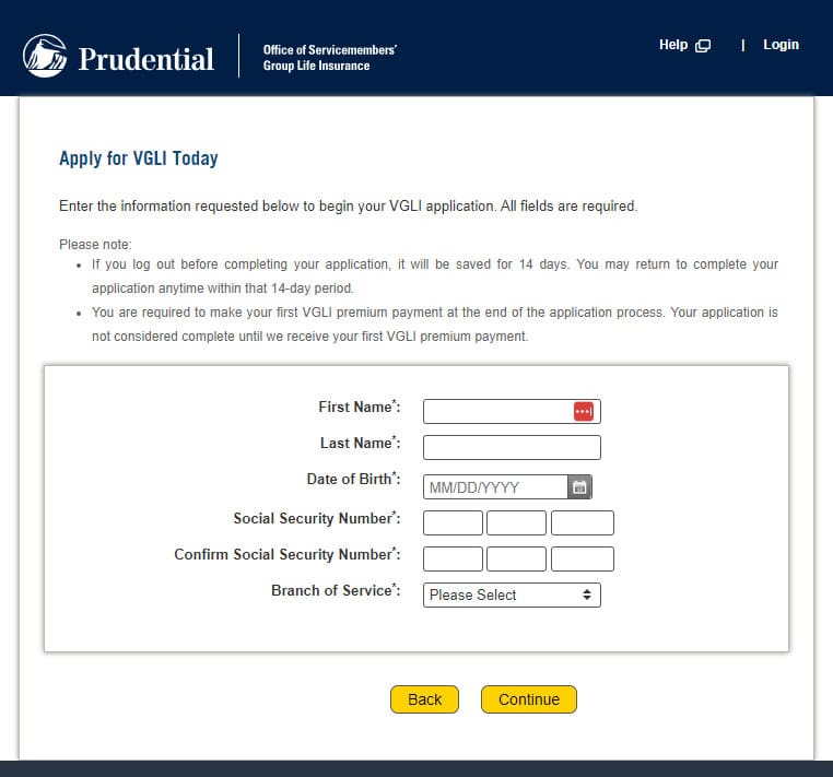 Screenshot of the VGLI application process on the Prudential website