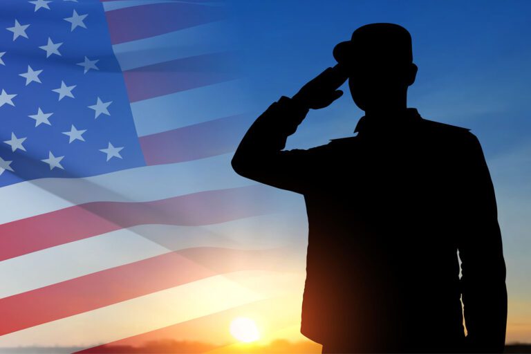 Featured image for Veteran Life Insurance showing the silhouette of a Veteran in front of a flag of the United States